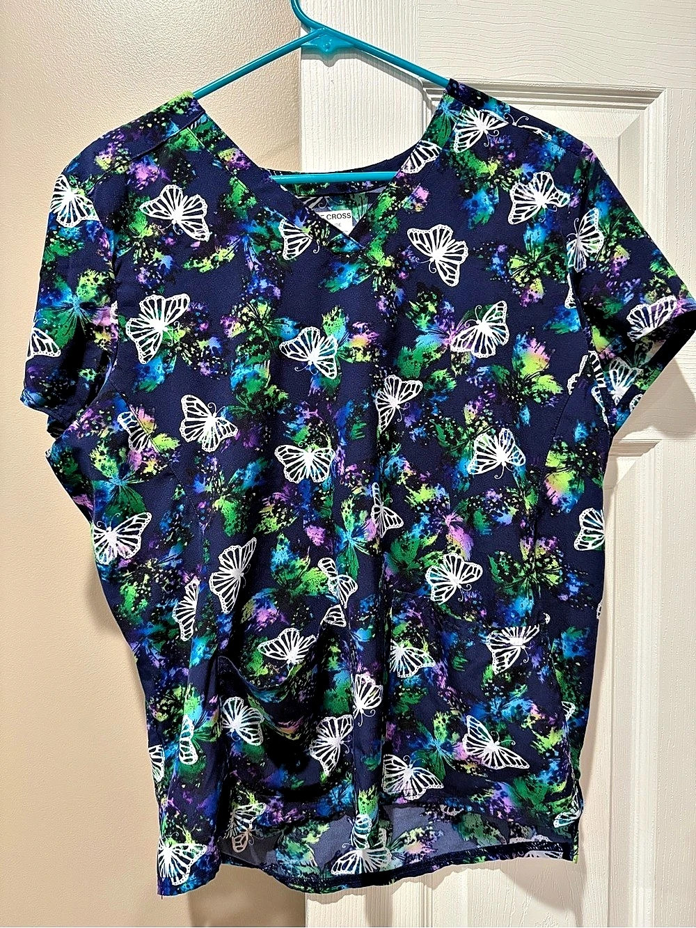 White Cross Floral Short Sleeve Top Blue & Green Size Large